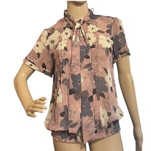 Twenty One Floral Blouse Tie Neck Short Sleeve Smocked‎ Waist Pink Top-Fairycore